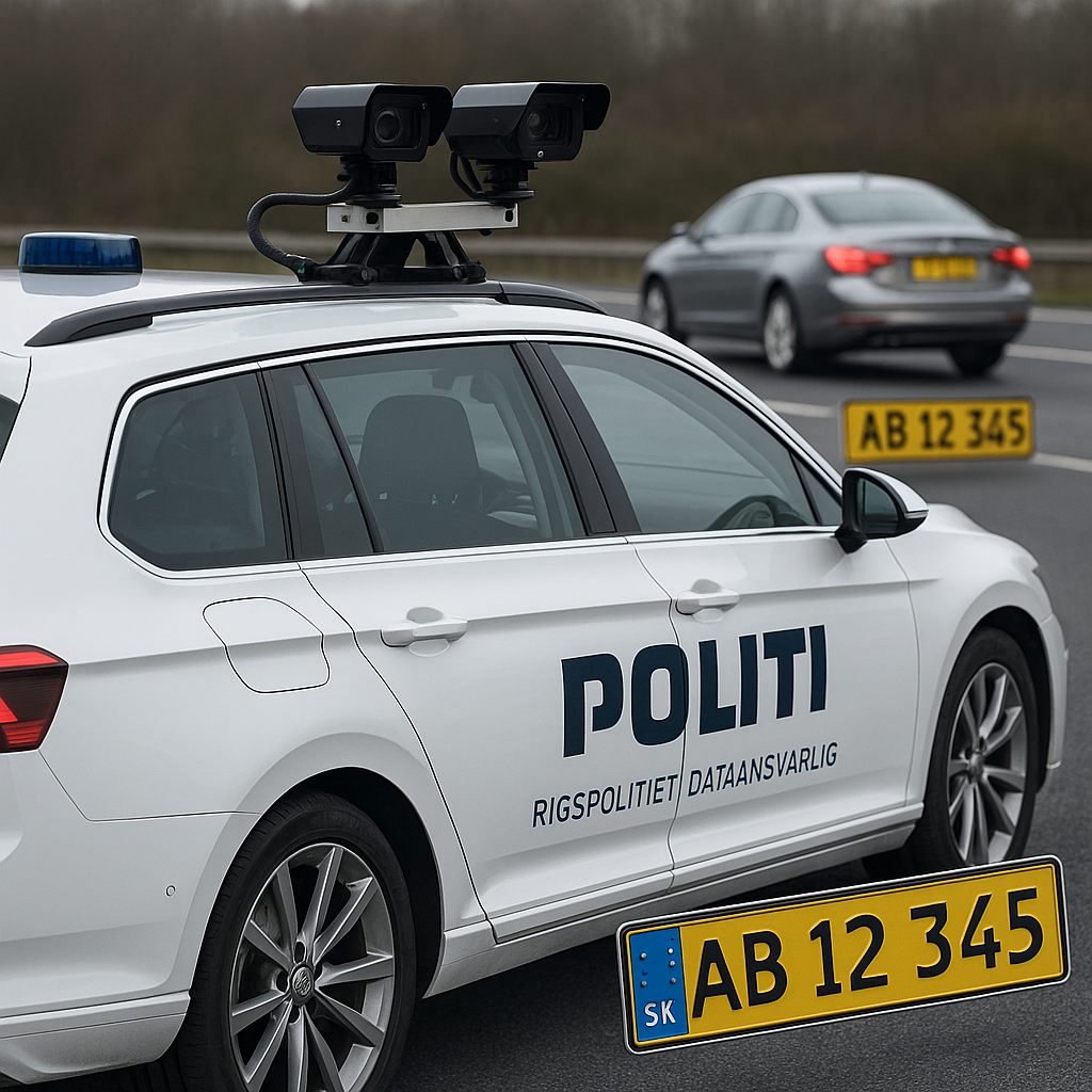 AI-generated image for Bekendtgørelse om politiets anvendelse af automatisk nummerpladegenkendelse (ANPG) > Kapitel 1 > § 1.: Politibil med ANPG-kamera, nummerplader i fokus, R...