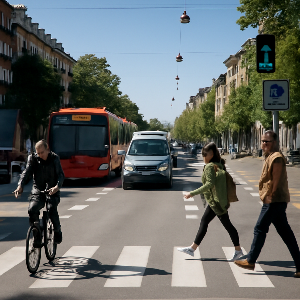 AI-generated image for Færdselsloven > Kapitel 1 > Lovens område: § 1: En trafikeret vej med forskellige køretøjer og fod...