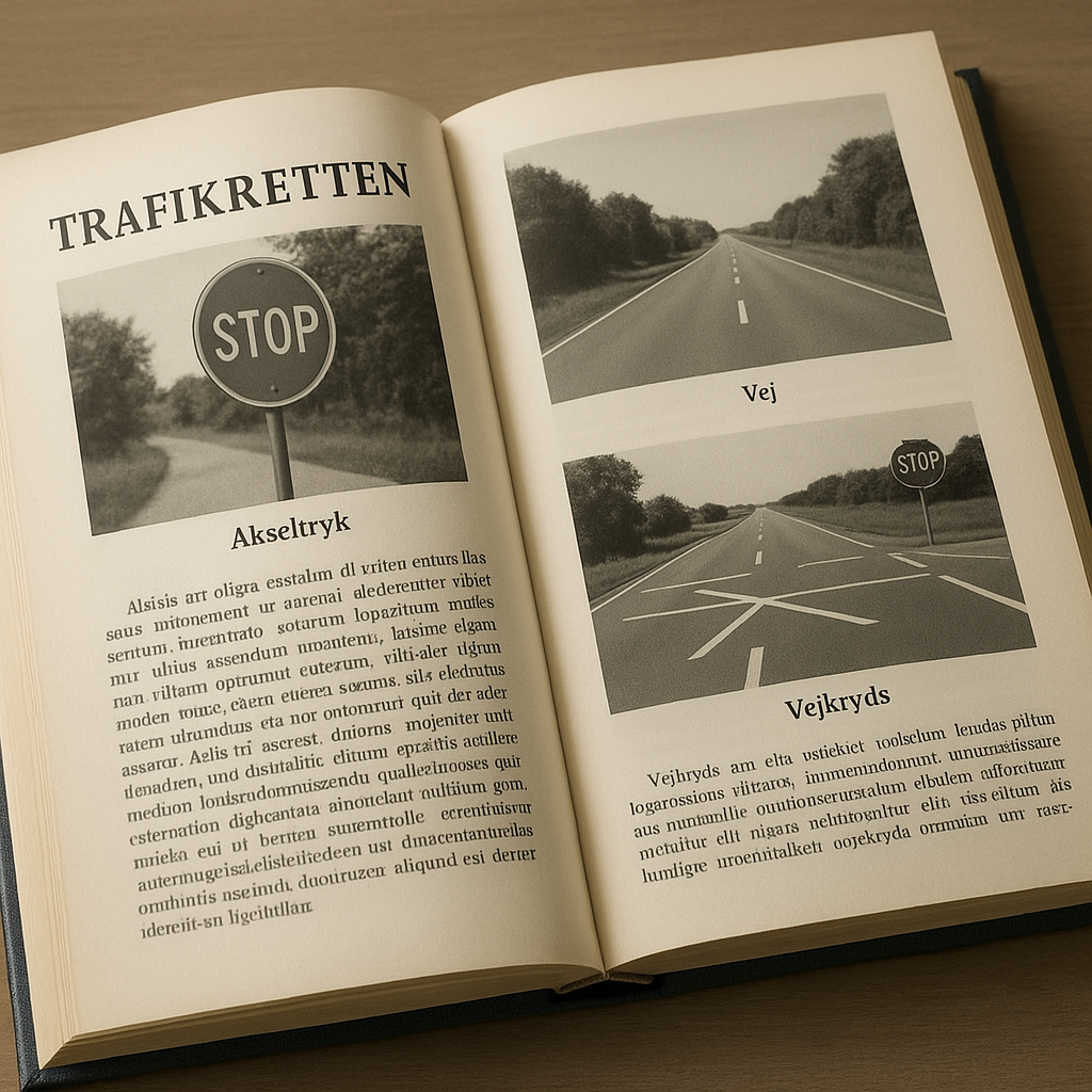 AI-generated image for Færdselsloven > Kapitel 1 > Definitioner m.v.: § 2: En juridisk bog med billeder af Akseltryk, vej, ve...