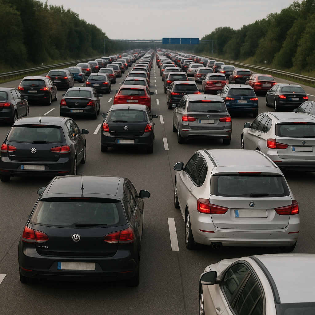 AI-generated image for Færdselsloven > Kapitel 4 > Forbikørsel og vognbaneskift i tæt færdsel: § 24: Tæt trafik på motorvej med biler i flere rækker, d...
