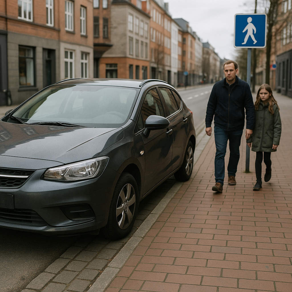 AI-generated image for Færdselsloven > Kapitel 4 > Standsning og parkering: § 28: Bil parkeret ulovligt på fortov, skaber fare for f...