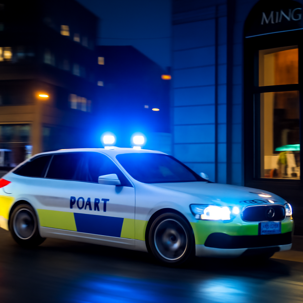 AI-generated image for Færdselsloven > Kapitel 2 > Udrykningskørsel m.v.: § 7: udrykningskørsel, politibil i høj fart, blå blink,...